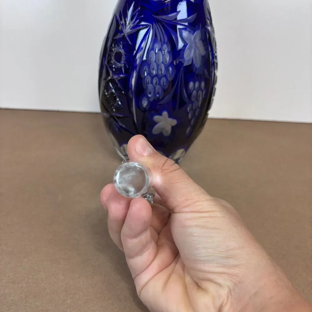 Tall Cobalt Blue Cut to Clear Crystal Decanter w/ Stopper 15” Bohemian Vintage